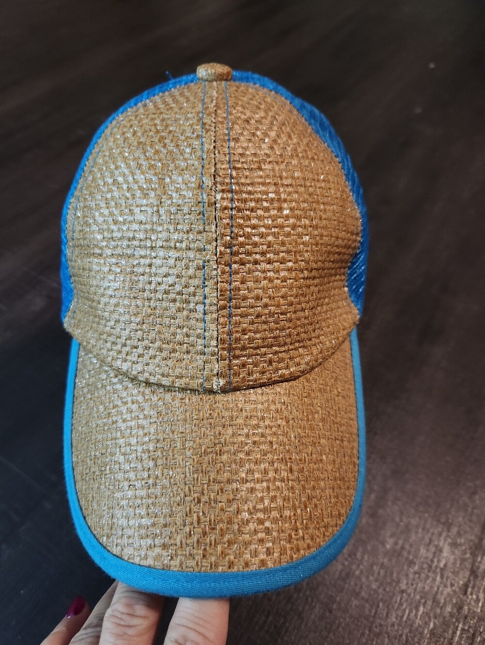 Womens Blue-Trim Straw Baseball Cap